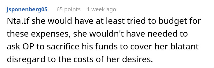 Commenter discusses a financially unstable woman rushing into marriage and ignoring budgeting for expenses.