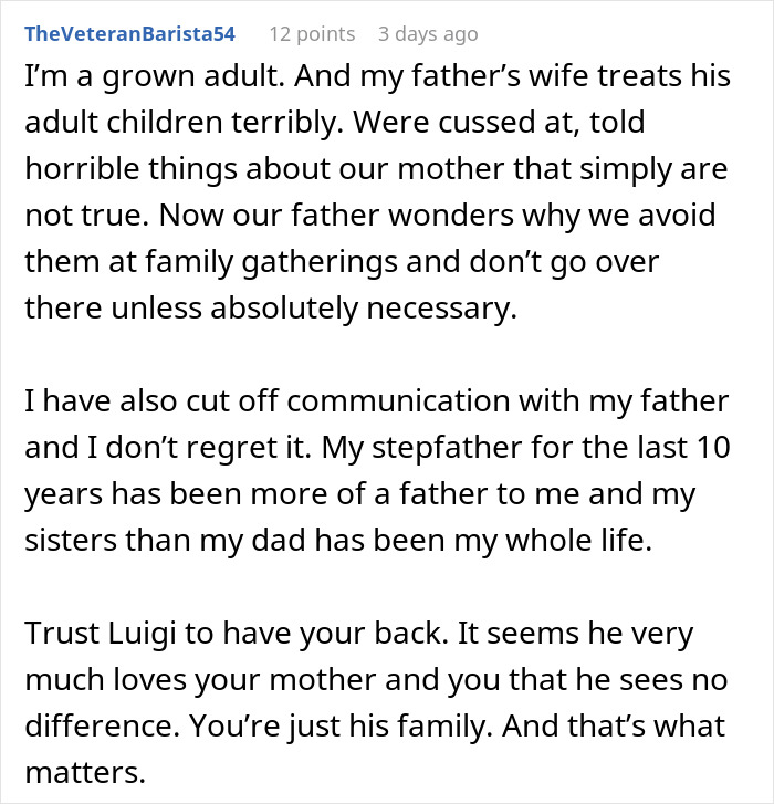 Reddit comment about adult children facing insecurity and mistreatment from stepmother revealing true colors in family dynamics. Reddit comment about adult children facing insecurity and mistreatment from stepmother revealing true colors in family dynamics.