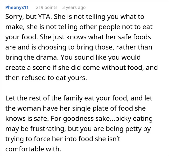 Comment discussing a picky-eater MIL bringing her own food to Thanksgiving and the resulting family tension.