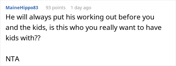 Comment expressing concern about a husband risking their future child's health by prioritizing working out.