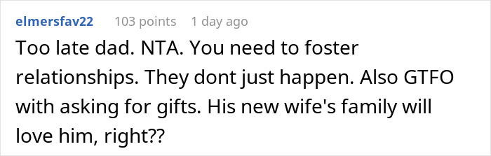 Reddit comment discussing a dad cutting off late wife’s family and teen calling him out for new baby demands. Reddit comment discussing a dad cutting off late wife’s family and teen calling him out for new baby demands.