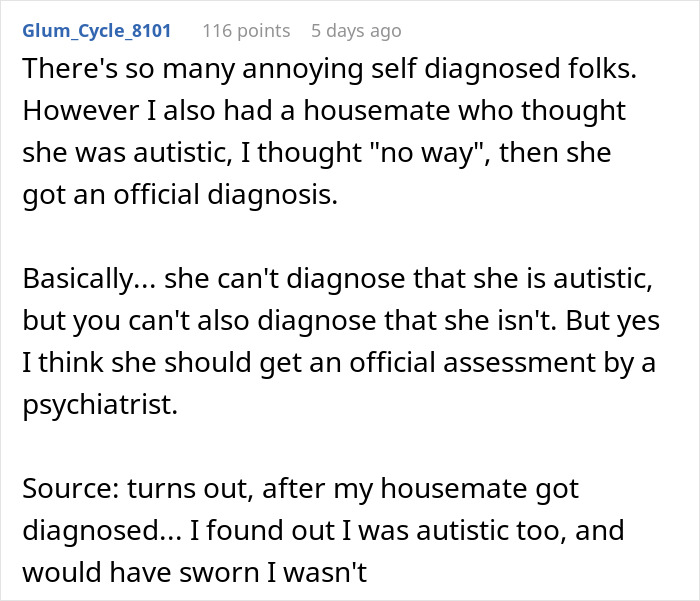 Comment discussing self-diagnosed autism and the importance of official diagnosis by a psychiatrist. Comment discussing self-diagnosed autism and the importance of official diagnosis by a psychiatrist.