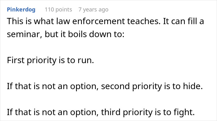 Text explaining mass shooting survival tips from law enforcement: run first, hide second, fight third if needed. Text explaining mass shooting survival tips from law enforcement: run first, hide second, fight third if needed.