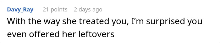 Comment discussing surprise at someone offering Thanksgiving leftovers to an entitled guest who left without saying goodbye.