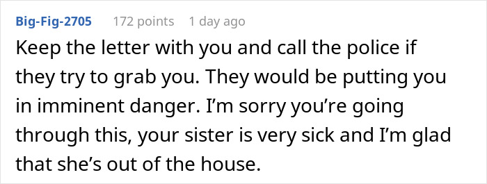 Alt text: Text message about sister being very sick and advice to call police if in imminent danger during family conflict. Alt text: Text message about sister being very sick and advice to call police if in imminent danger during family conflict.