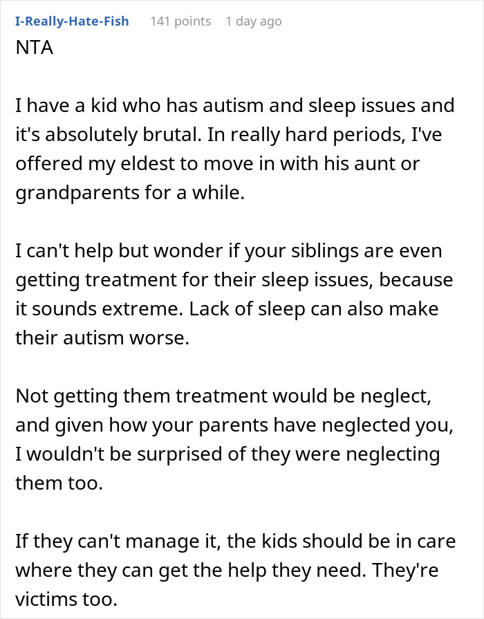 Reddit comment about an exhausted teen losing sleep due to autistic siblings screaming and CPS involvement