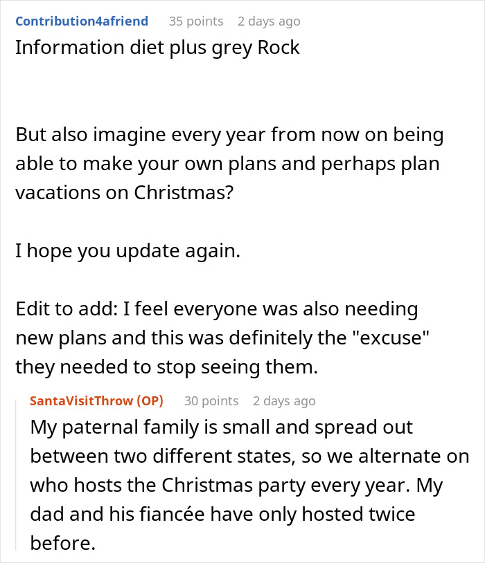 Reddit conversation discussing holiday babysitting plans and step-grandma sneaking baby to Santa, losing privileges afterward. Reddit conversation discussing holiday babysitting plans and step-grandma sneaking baby to Santa, losing privileges afterward.