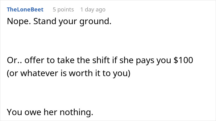 Text comment from online forum, discussing entitlement and not owing day off on Christmas due to kids.