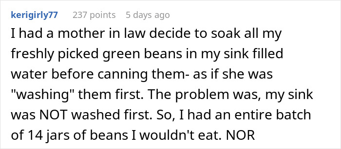 Comment about mother-in-law's unsanitary food preparation causing woman to lose appetite and worry about getting sick. Comment about mother-in-law's unsanitary food preparation causing woman to lose appetite and worry about getting sick.