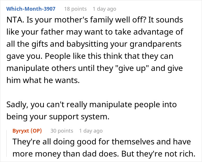 Discussion about dad cutting off late wife’s family, demanding support for new baby, and teen calling him out online. Discussion about dad cutting off late wife’s family, demanding support for new baby, and teen calling him out online.