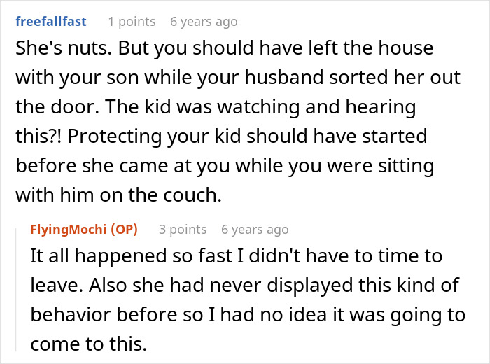 Reddit comments discussing MIL poisoning family dog and verbally attacking woman before being kicked out.