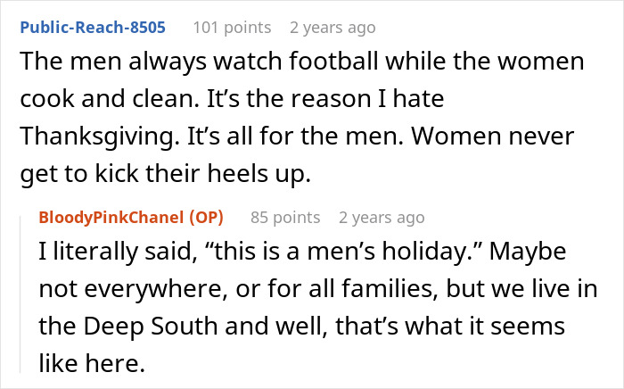 Reddit comments discussing men backing out of helping clean up after Thanksgiving meal, sparking frustration. Reddit comments discussing men backing out of helping clean up after Thanksgiving meal, sparking frustration.