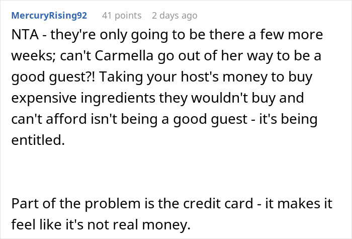 Screenshot of a Reddit comment discussing a mom accusing son’s girlfriend of being entitled when offering to cook meals. Screenshot of a Reddit comment discussing a mom accusing son’s girlfriend of being entitled when offering to cook meals.