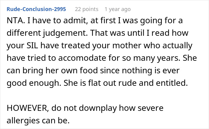 Reddit comment discussing family conflicts over allergy accommodations and expectations in a shared setting. Reddit comment discussing family conflicts over allergy accommodations and expectations in a shared setting.