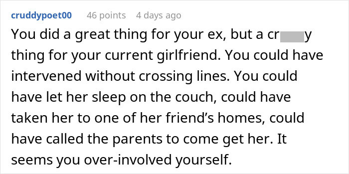 Comment discussing a guy going above and beyond for his ex, causing confusion with his current partner's feelings. Comment discussing a guy going above and beyond for his ex, causing confusion with his current partner's feelings.