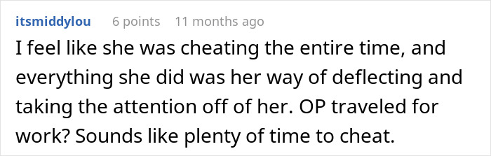 Screenshot of an online comment discussing suspicion of cheating in a relationship after a wife leaves husband.