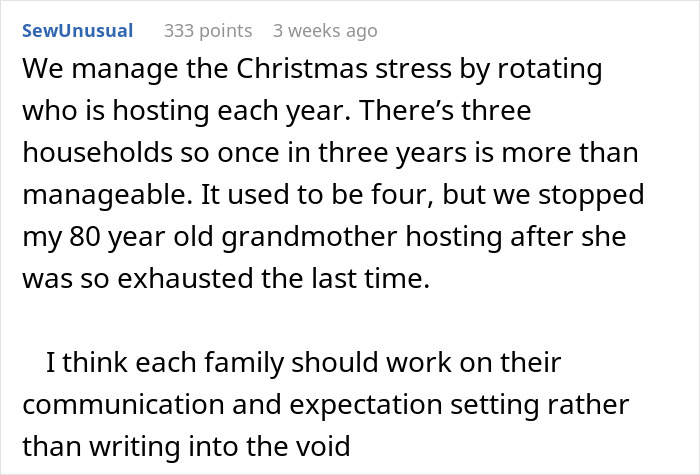 Screenshot of a social media comment discussing managing Christmas stress and the unfair labor on moms during holidays. Screenshot of a social media comment discussing managing Christmas stress and the unfair labor on moms during holidays.