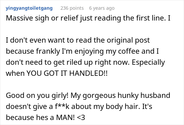 Screenshot of an online comment defending body hair and rejecting demands to laser it off in a heated debate.