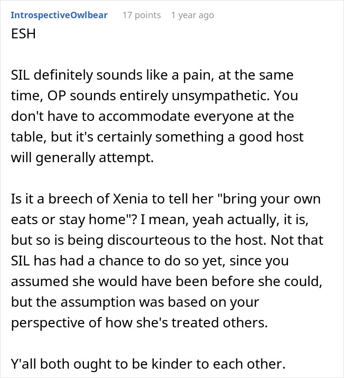 Screenshot of a Reddit comment discussing family conflicts and accommodating allergies with expectations and boundaries. Screenshot of a Reddit comment discussing family conflicts and accommodating allergies with expectations and boundaries.