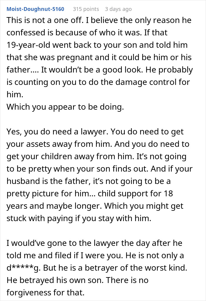 Comment discussing a man unsure if affair partner’s baby is his child or his son’s, advising legal and family protection. Comment discussing a man unsure if affair partner’s baby is his child or his son’s, advising legal and family protection.
