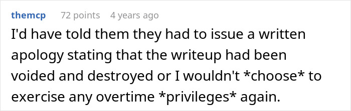 Text comment on a screen showing a coffee shop worker responding to a manager about rules and consequences, highlighting conflict.