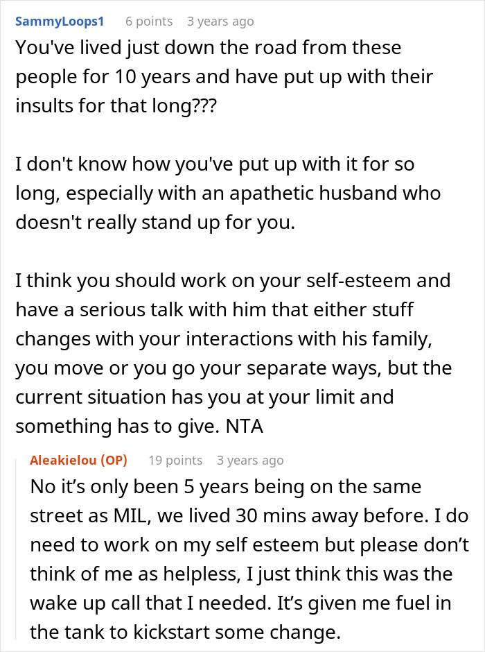 Reddit comments discussing repressed rage and relationship issues with mother-in-law after years of tension nearby.