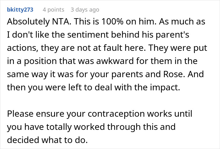 Text of a social media comment discussing personal responsibility and family impact after a fiancé’s lie causes tension during holiday dinner.