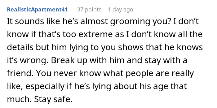 Comment discussing a 50-year-old guy lying about his age to his 22-year-old girlfriend and warning about grooming risks. Comment discussing a 50-year-old guy lying about his age to his 22-year-old girlfriend and warning about grooming risks.