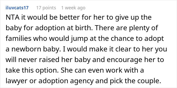 Reddit comment discussing a childfree woman refusing responsibility for her sister’s new baby and advising adoption options.