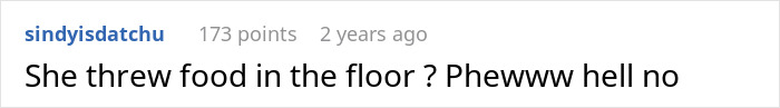 Text comment on a social media post expressing strong disapproval about someone throwing food on the floor. Text comment on a social media post expressing strong disapproval about someone throwing food on the floor.