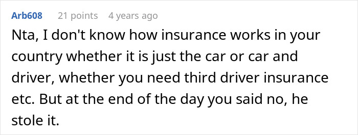 Reddit comment discussing family conflict after woman has half-brother arrested for stealing her car.