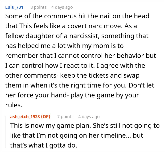 Reddit conversation about a mom forcing her Disney dream onto family causing debt and guilt for her daughter.