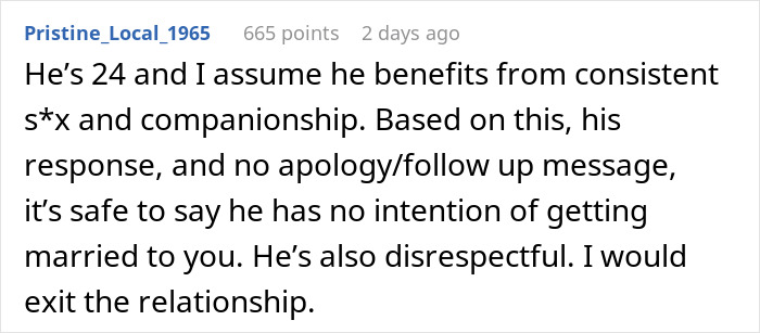 Reddit comment discussing a man telling his girlfriend she must earn an engagement ring after years together.