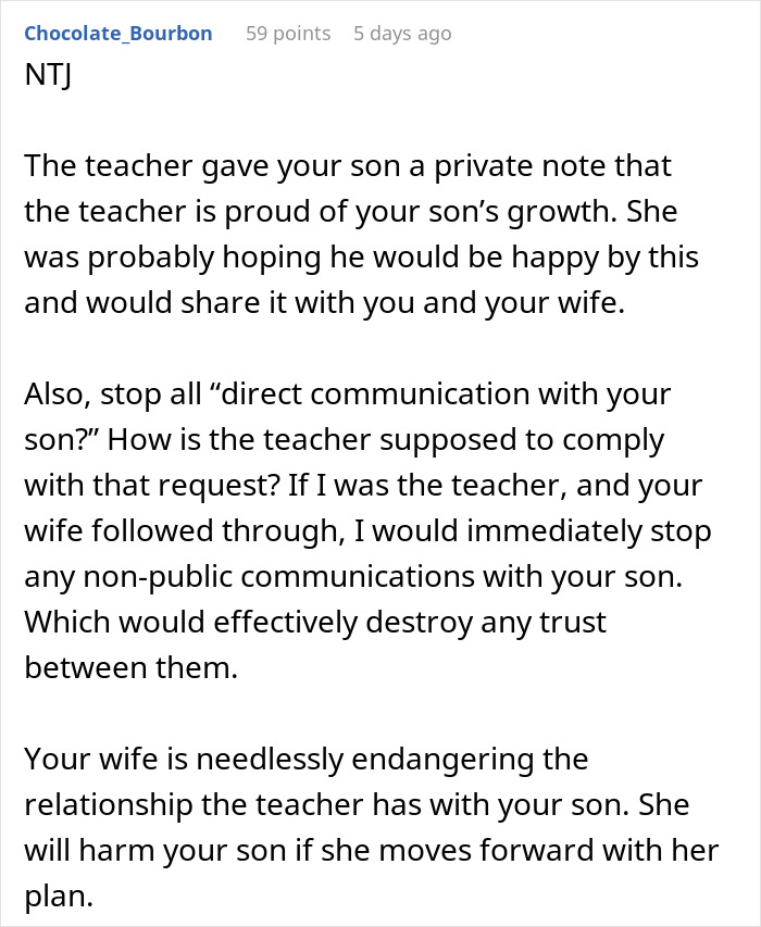 Comment discussing a teacher’s note to a son and a mom furious over the teacher’s inappropriate communication concerns. Comment discussing a teacher’s note to a son and a mom furious over the teacher’s inappropriate communication concerns.