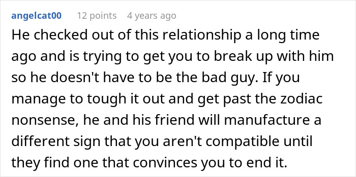 Comment discussing a breakup involving astrology, zodiac signs, and a Cancer woman in a cheating relationship scenario.