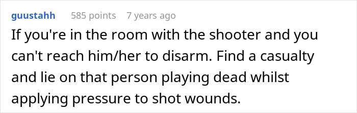 Screenshot of a user comment sharing mass shooting survival tips to play dead and apply pressure to gunshot wounds. Screenshot of a user comment sharing mass shooting survival tips to play dead and apply pressure to gunshot wounds.