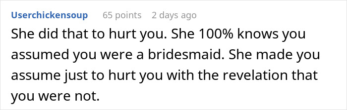 Reddit comment discussing pain and assumptions during a wedding dress shopping trip causing a friendship wake-up call.