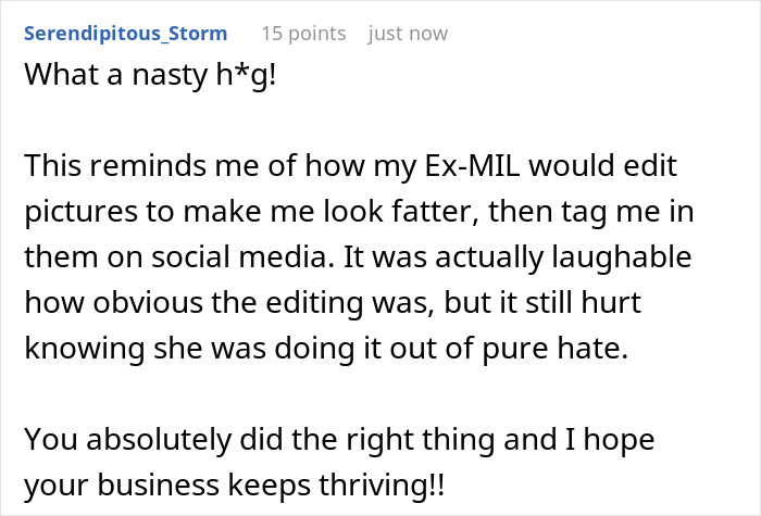 Comment describing MIL’s plan to make bride look ugly with edited pictures, revealing pure hate and backfire.