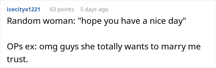 Screenshot of a Reddit comment about a man losing his girlfriend over a girl at work who is just being nice.