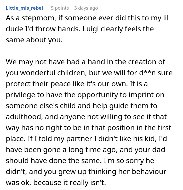 Reddit comment from stepmom defending kids and criticizing stepmother’s behavior, discussing insecurity about a kid. Reddit comment from stepmom defending kids and criticizing stepmother’s behavior, discussing insecurity about a kid.