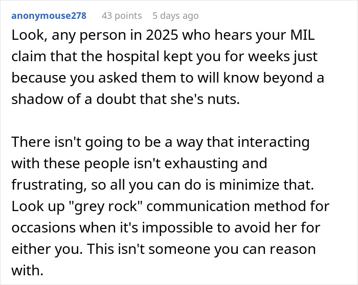 Screenshot of a user comment discussing a MIL accusing DIL after a premature birth, highlighting family conflict and disbelief.