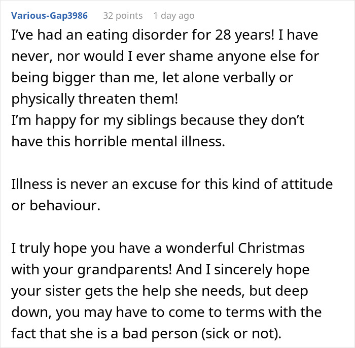 Comment discussing a woman threatening her sister&rsquo;s life and the parents wanting them to reunite for Christmas.