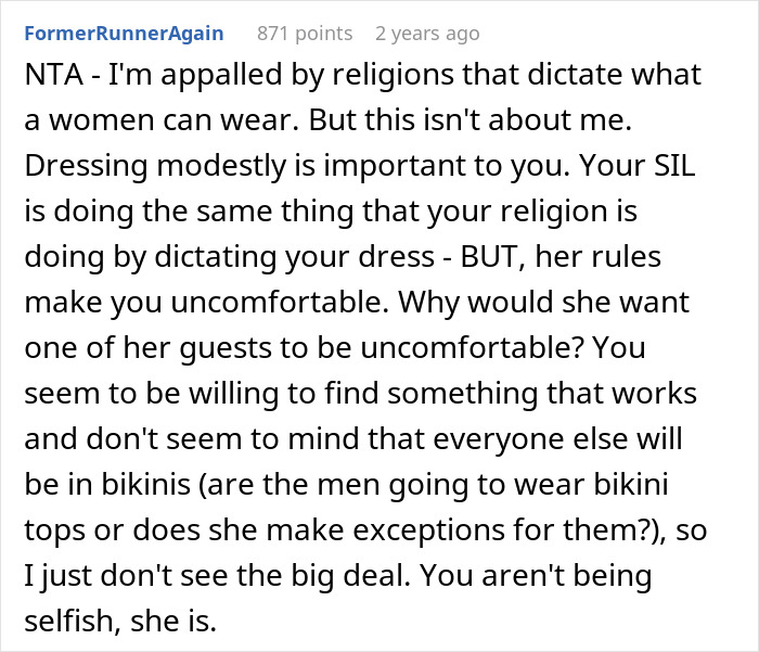 Comment discussing family conflict over Muslim daughter-in-law refusing to wear bikini at bridal party, highlighting religious dress beliefs. Comment discussing family conflict over Muslim daughter-in-law refusing to wear bikini at bridal party, highlighting religious dress beliefs.