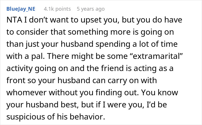 Screenshot of a Reddit comment discussing a husband prioritizing his best mate over his wife, raising suspicions of extramarital issues. Screenshot of a Reddit comment discussing a husband prioritizing his best mate over his wife, raising suspicions of extramarital issues.