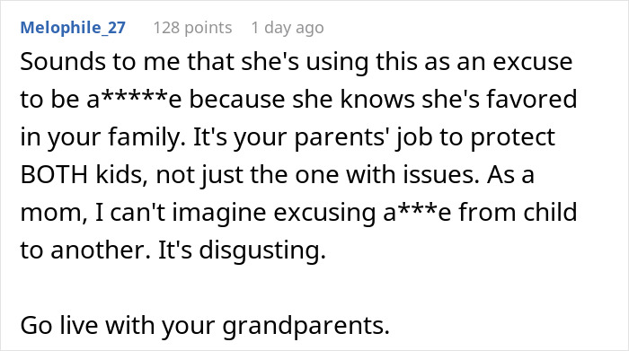 Commenter criticizing parents for favoring one child and ignoring sister’s threatening behavior, urging protection for both kids. Commenter criticizing parents for favoring one child and ignoring sister’s threatening behavior, urging protection for both kids.