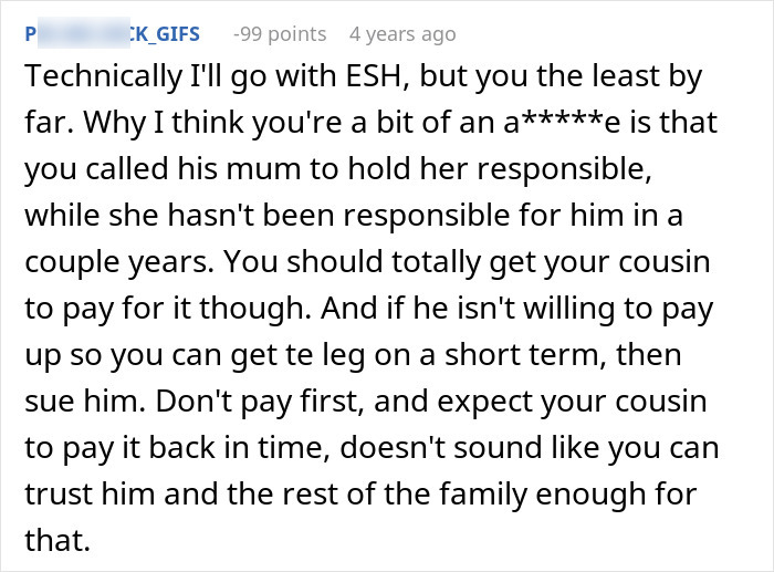 Text post discussing a man demanding his cousin pay for his cruel prank and the aunt’s surprising reaction. Text post discussing a man demanding his cousin pay for his cruel prank and the aunt’s surprising reaction.