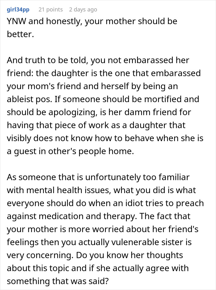 Comment discussing a mom, friend, and daughter at a Christmas dinner, addressing behavior and mental health concerns.