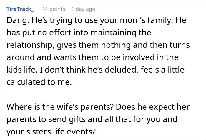 Reddit comment discussing a dad cutting off late wife’s family then demanding they welcome his new baby, teen calls him out. Reddit comment discussing a dad cutting off late wife’s family then demanding they welcome his new baby, teen calls him out.