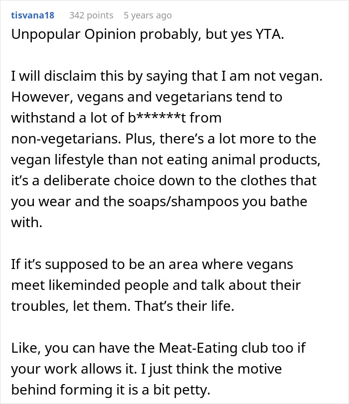 Comment discussing employee pushback against vegan-only club and starting beef in the most literal way.