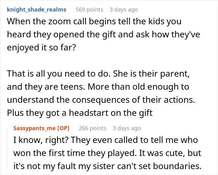 Text conversation discussing a woman learning a reality check after opening a Christmas gift early. Text conversation discussing a woman learning a reality check after opening a Christmas gift early.